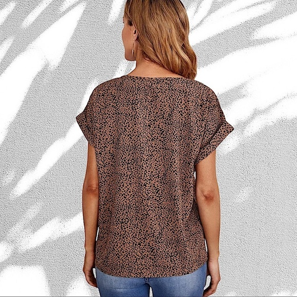 Polka Dot Leopard Print Short Sleeve Blouse - Picture 4 of 5